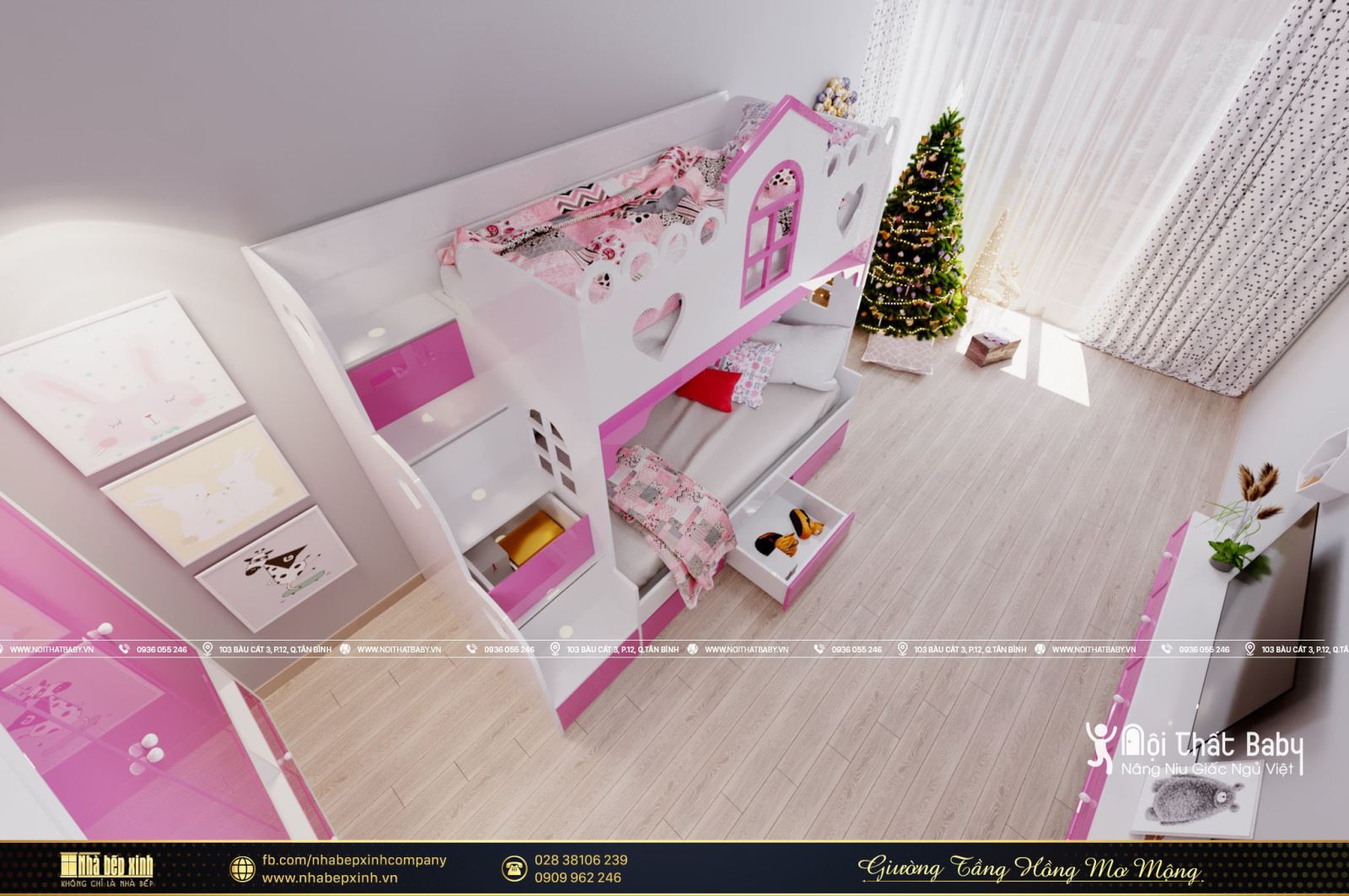 Mẫu giường tầng màu hồng mơ mộng đáng yêu cho bé gái
